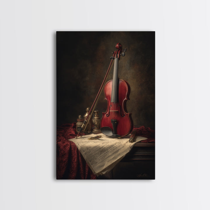 Baroque Violin and Sheet Music Still Life Framed Canvas Print, Baroque Art, Whimsical Decor, Living Room Decor, Ornate, BAO-2x3-19
