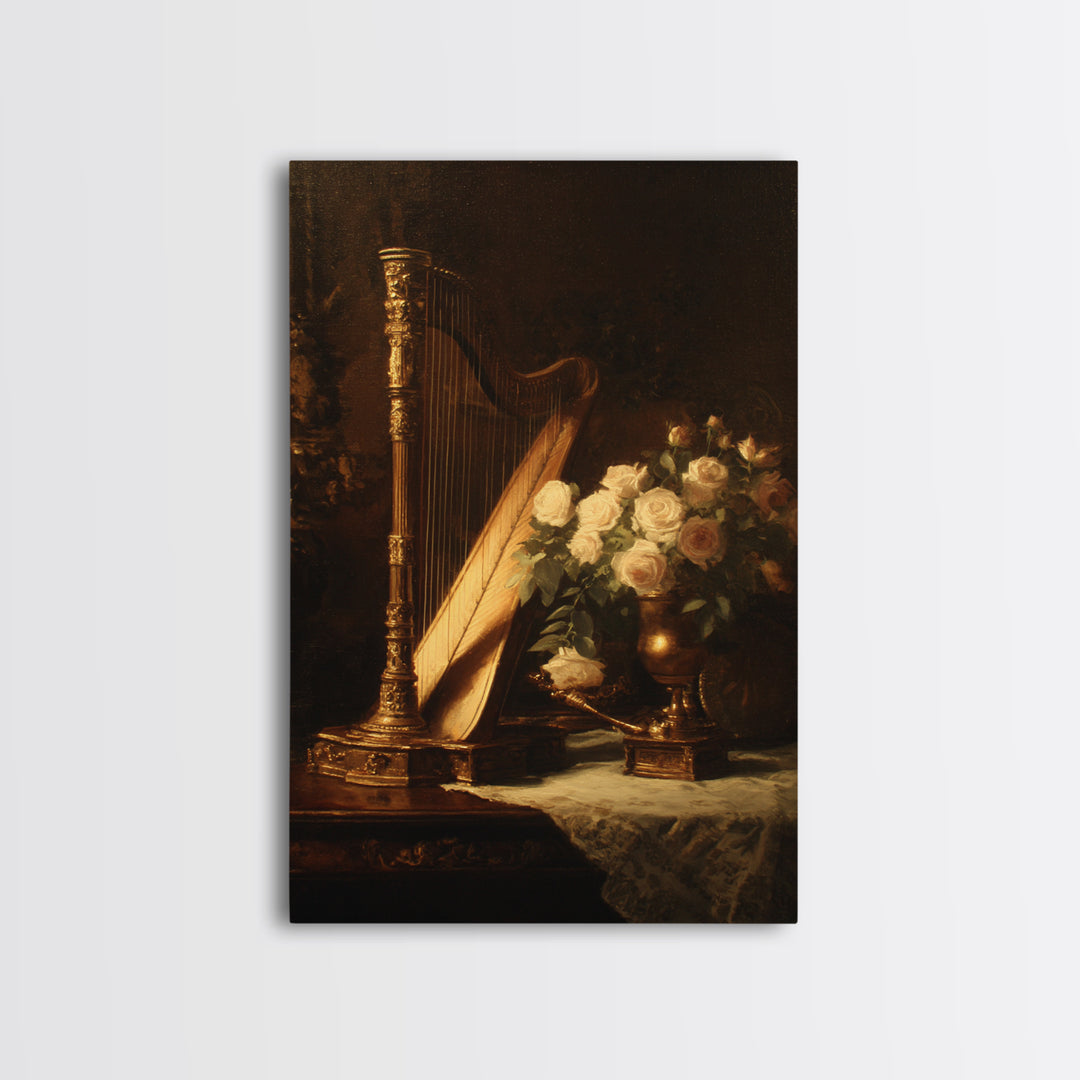 Golden Harp and Roses Framed Canvas Print, Baroque Art, Maximalist Wall Art, Living Room Decor, Abstract Art, Ornate, BAO-2x3-2