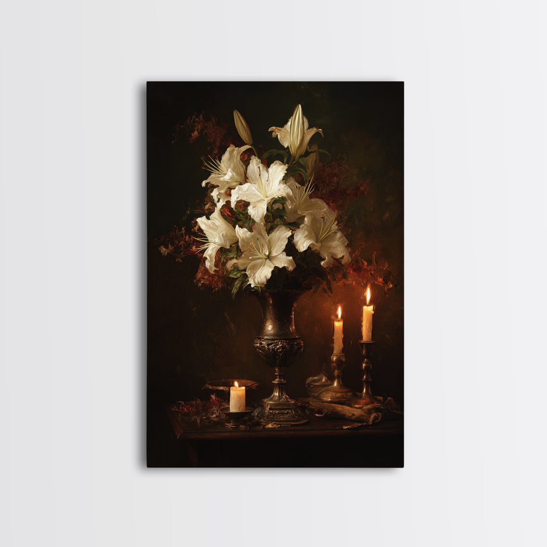 Dramatic White Lilies Framed Canvas Print, Baroque Art, Modern Decor, Living Room Decor, Oil Painting, Ornate, Poster, BAO-2x3-20
