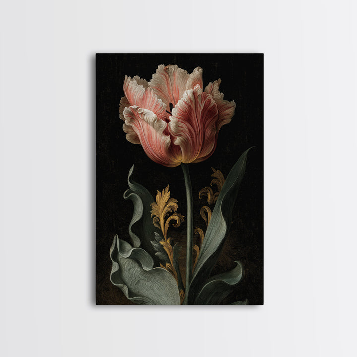 Black Background Tulips Framed Canvas Print, Baroque Art, Oil Painting, Living Room Decor, Fine Art, Ornate, Eclectic Wall Art, BAO-2x3-24