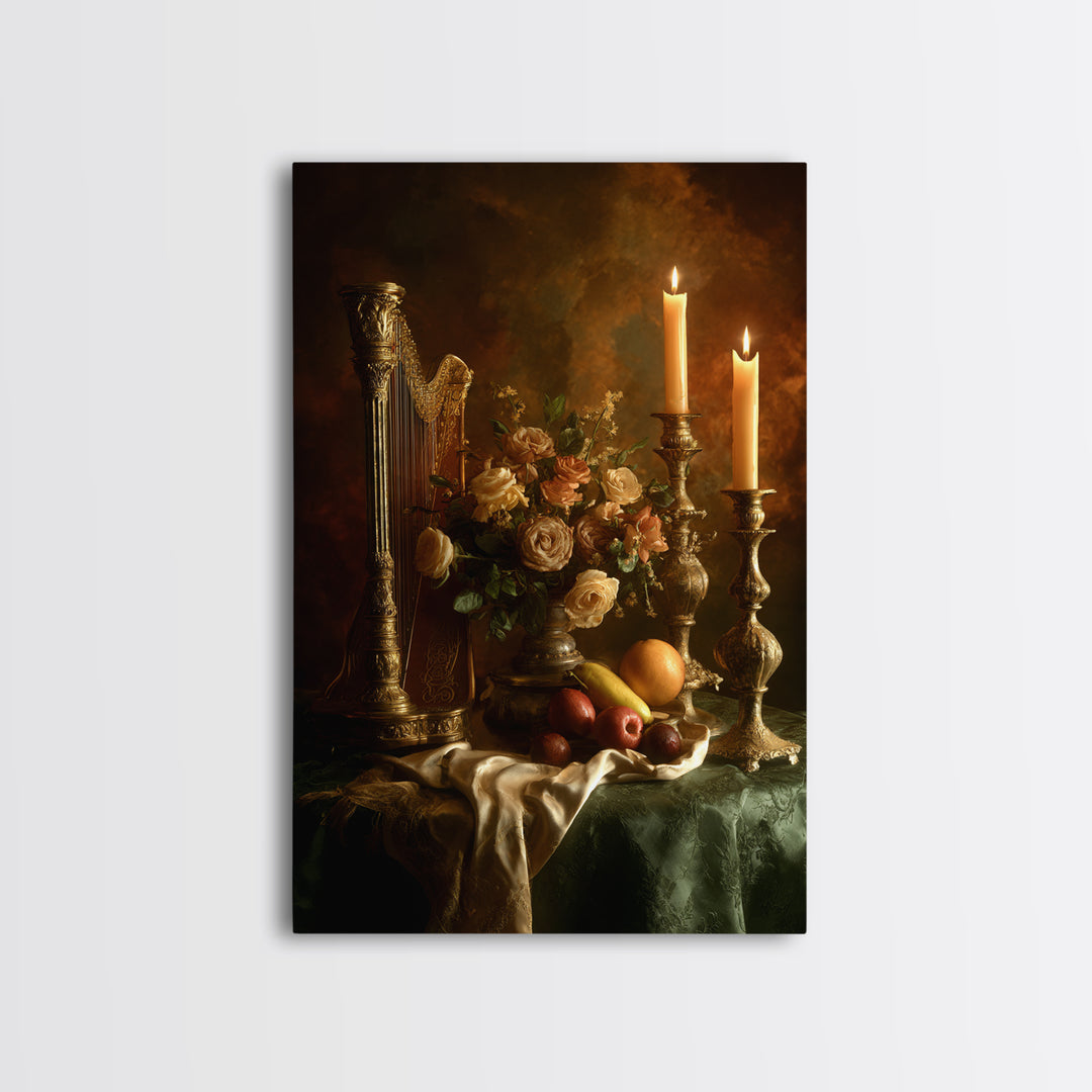Golden Harp and Roses Framed Canvas Print, Baroque Art, Maximalist Wall Art, Living Room Decor, Abstract Art, Ornate, BAO-2x3-26