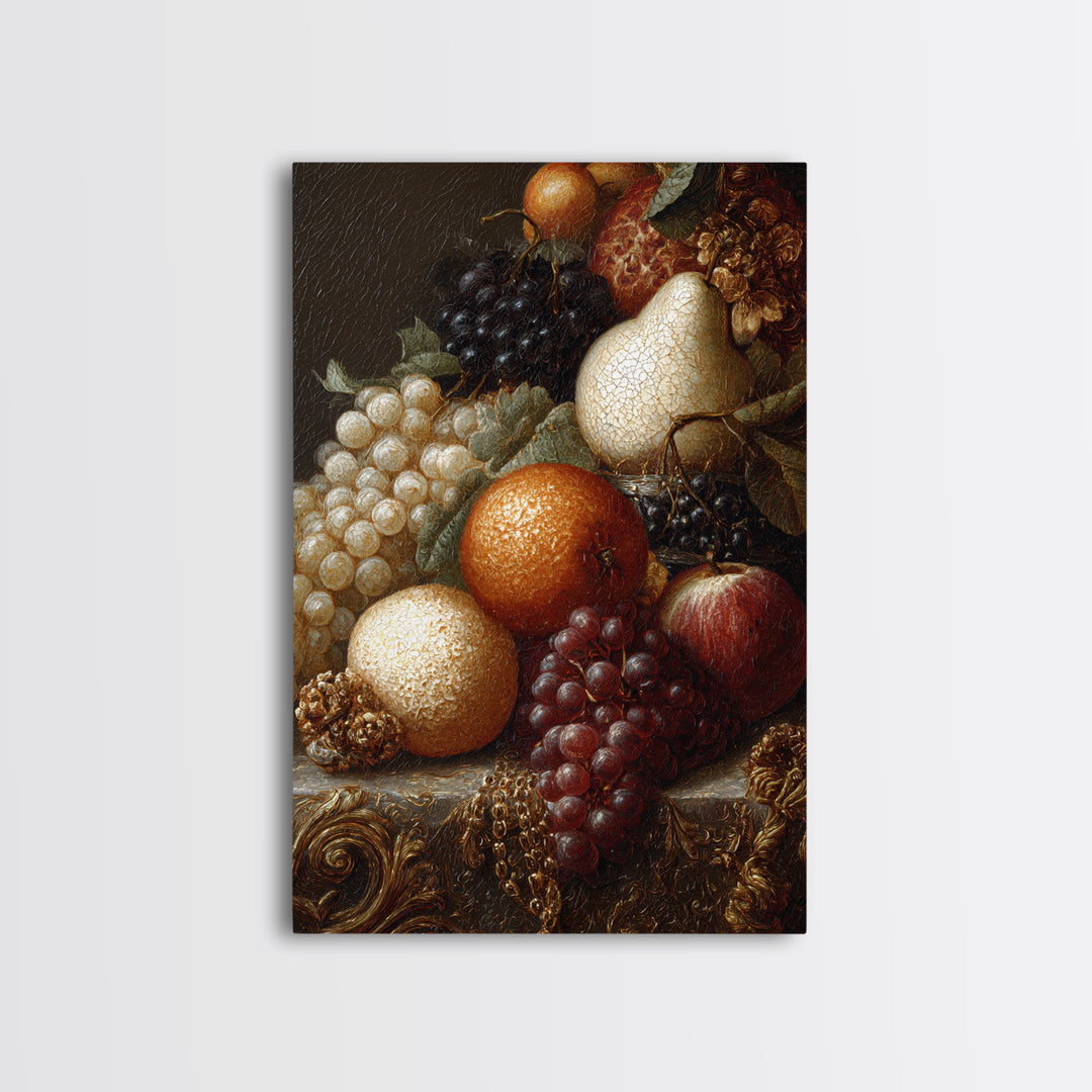 Lavish Banquet Fruit Composition Framed Canvas Print, Baroque Art, Textured Painting, Living Room Decor, Fine Art, Ornate, BAO-2x3-28