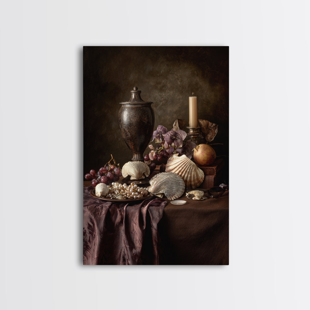 Ornamental Shell and Pearl Composition Framed Canvas Print, Baroque Art, Feminist Art, Living Room Decor, Fine Art, Ornate, BAO-2x3-30