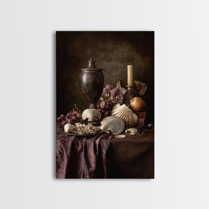 Ornamental Shell and Pearl Composition Framed Canvas Print, Baroque Art, Feminist Art, Living Room Decor, Fine Art, Ornate, BAO-2x3-30