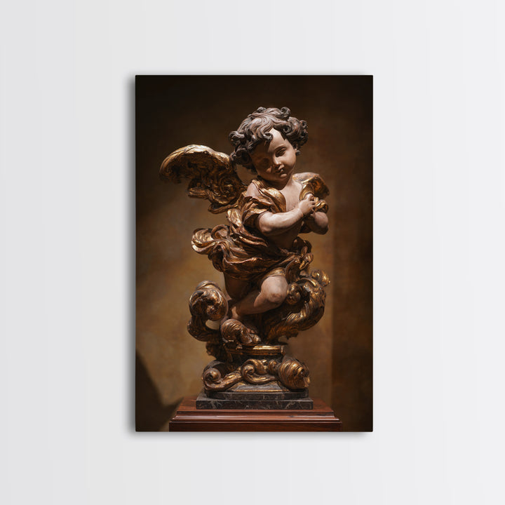 Ornate Cherub Figure Surrounded by Clouds and Framed Canvas Print, Baroque Art, Neutral Decor, Living Room Decor, Oil Painting, BAO-2x3-34