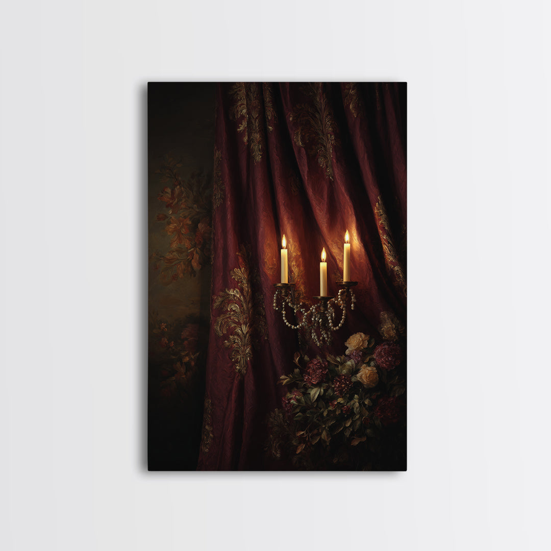 Velvet Drapery with Pearls Flowers and Candlelight Canvas Print, Baroque Art, Portrait Painting, Living Room Decor, Ornate, BAO-2x3-35