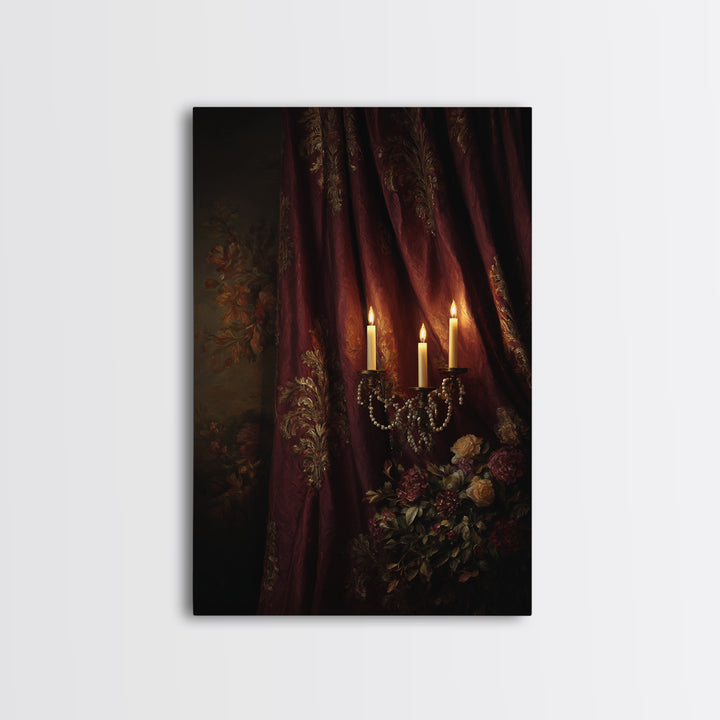 Velvet Drapery with Pearls Flowers and Candlelight Canvas Print, Baroque Art, Portrait Painting, Living Room Decor, Ornate, BAO-2x3-35
