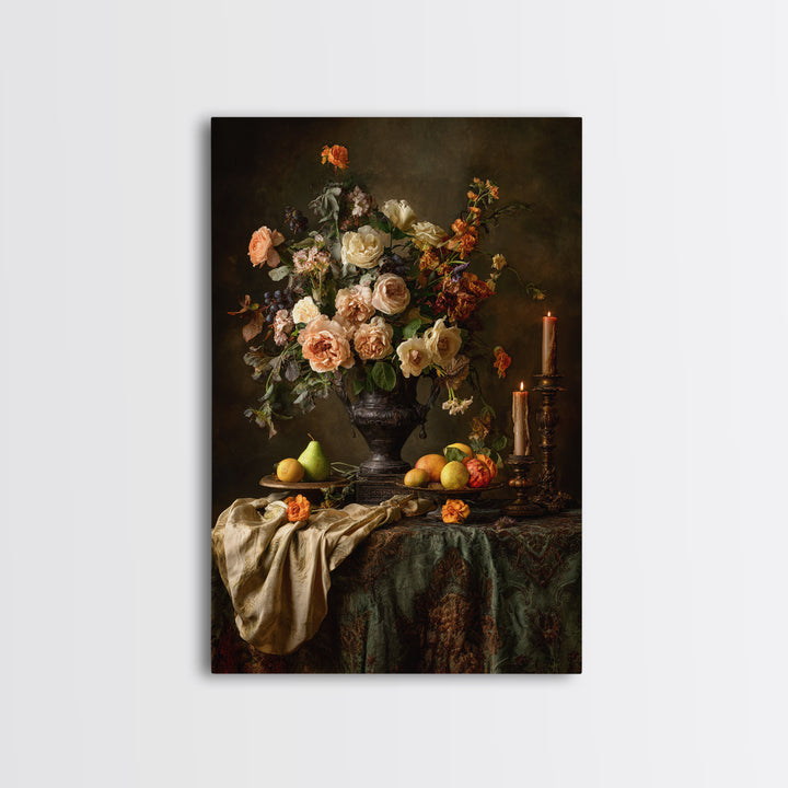 Dark Floral Arrangement Framed Canvas Print, Baroque Art, Decor, Living Room Decor, Fine Art, Ornate, Moody Wall Art, BAO-2x3-36