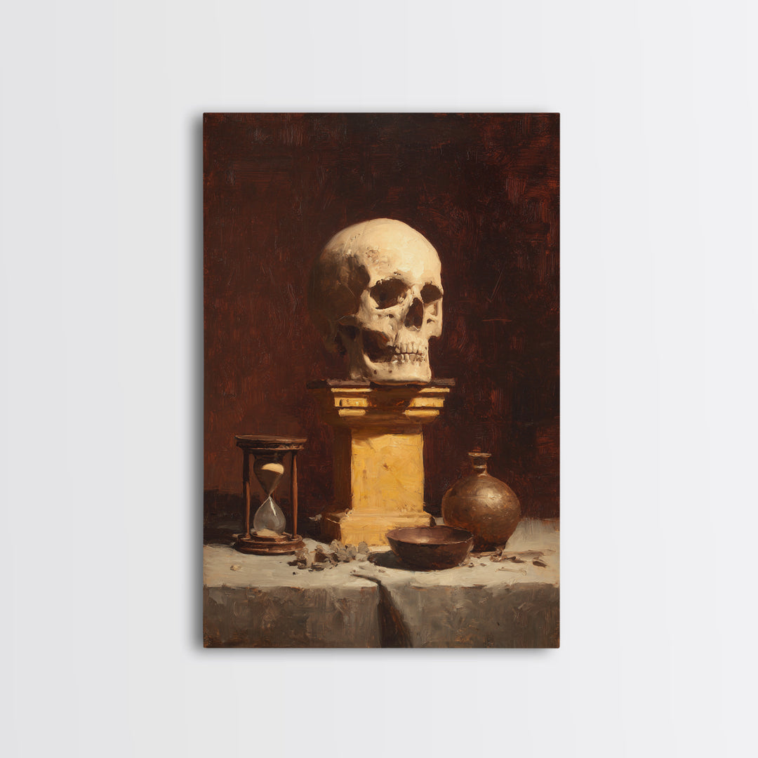 Skull and Hourglass Vanitas Still Life Framed Canvas Print, Baroque Art, Neutral Decor, Living Room Decor, Fine Art, Ornate, BAO-2x3-37