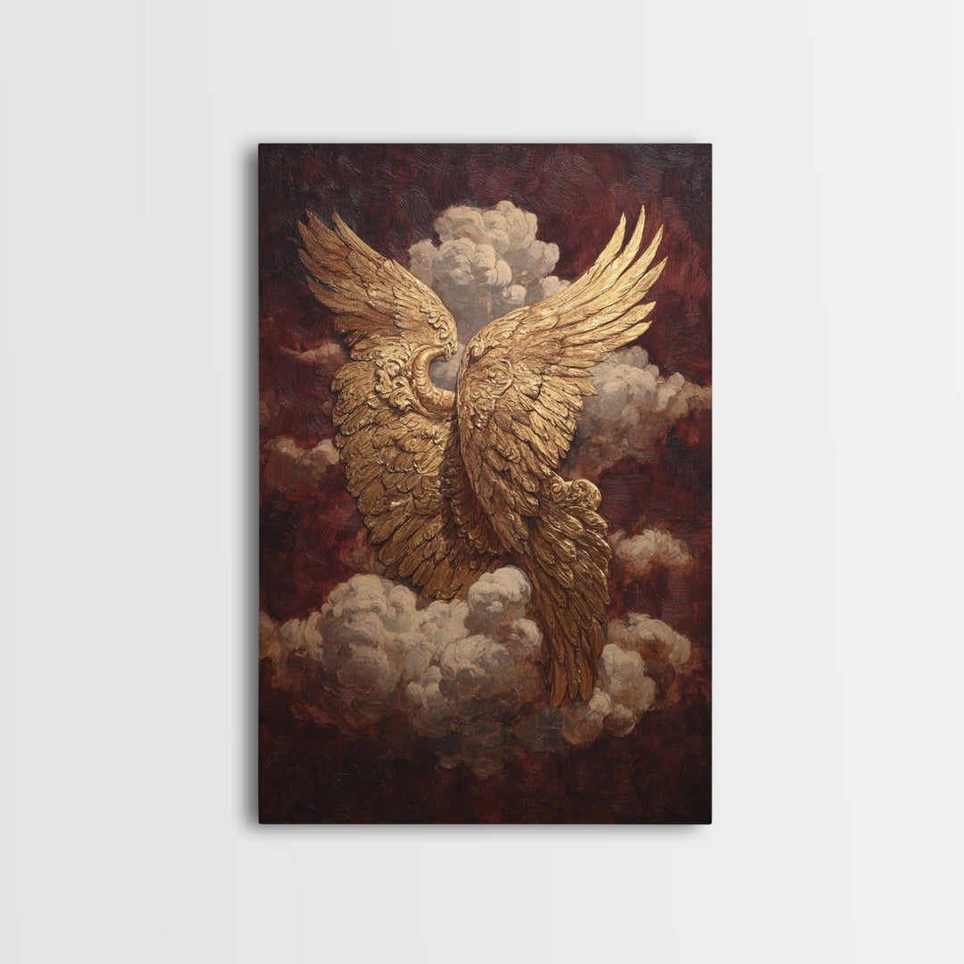 Gilded Angel Wings Emerging from Storm Clouds Framed Canvas Print, Baroque Art, Modern Decor, Living Room Decor, Ornate, BAO-2x3-38
