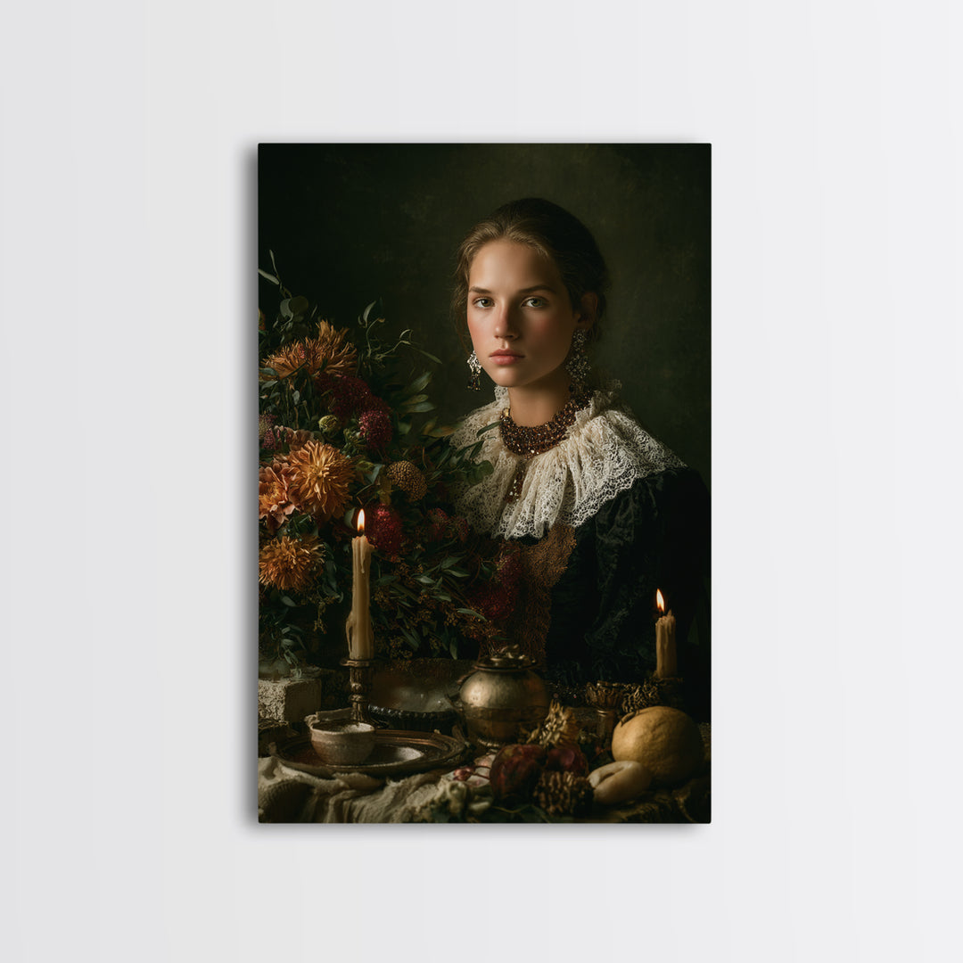 Classical Portrait with Lace Collar and Jewel Canvas Print, Baroque Art, Gallery Wall, Living Room Decor, Oil Painting, Ornate, BAO-2x3-39