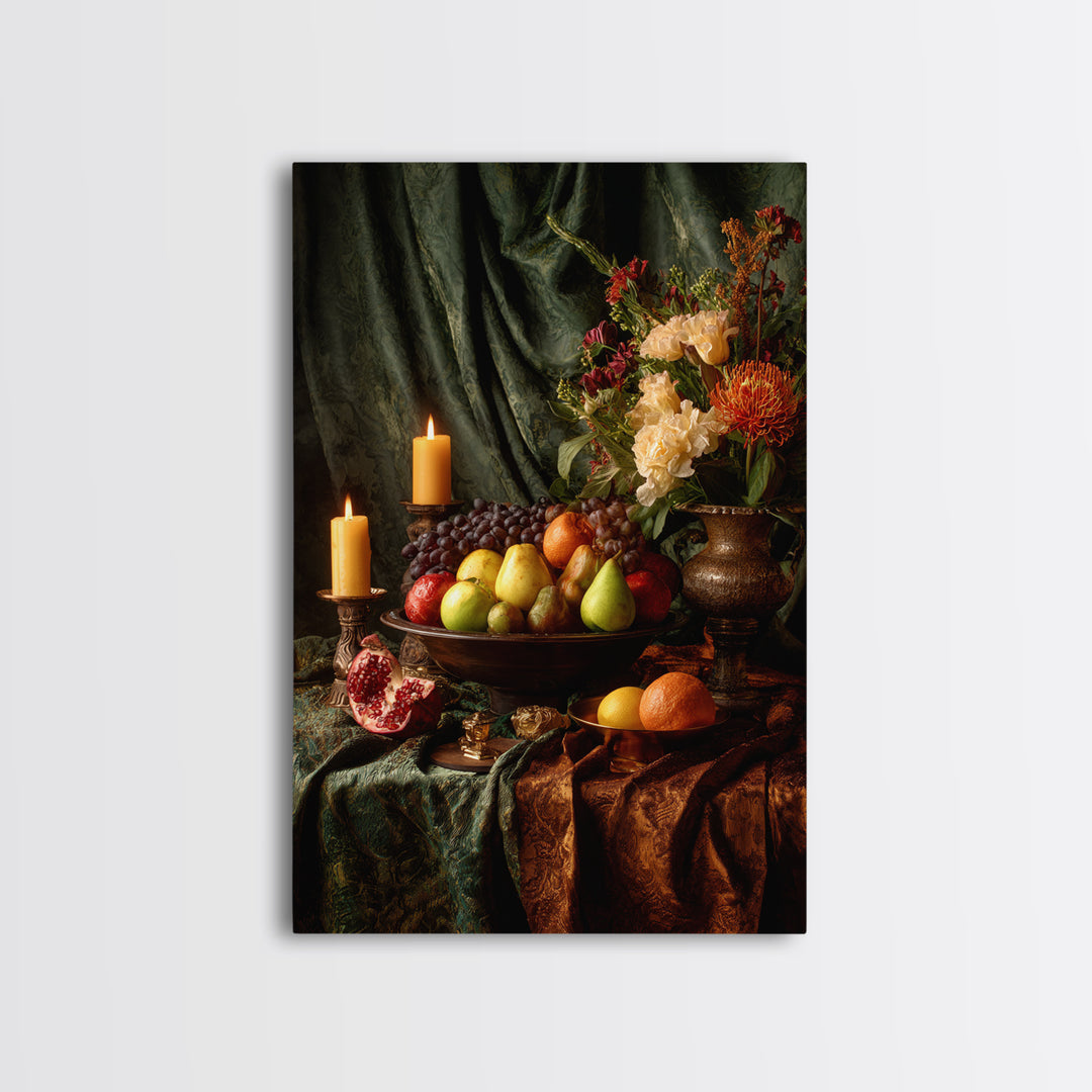 Lavish Banquet Fruit Composition Framed Canvas Print, Baroque Art, Eclectic Wall Art, Living Room Decor, Fine Art, Ornate, BAO-2x3-4