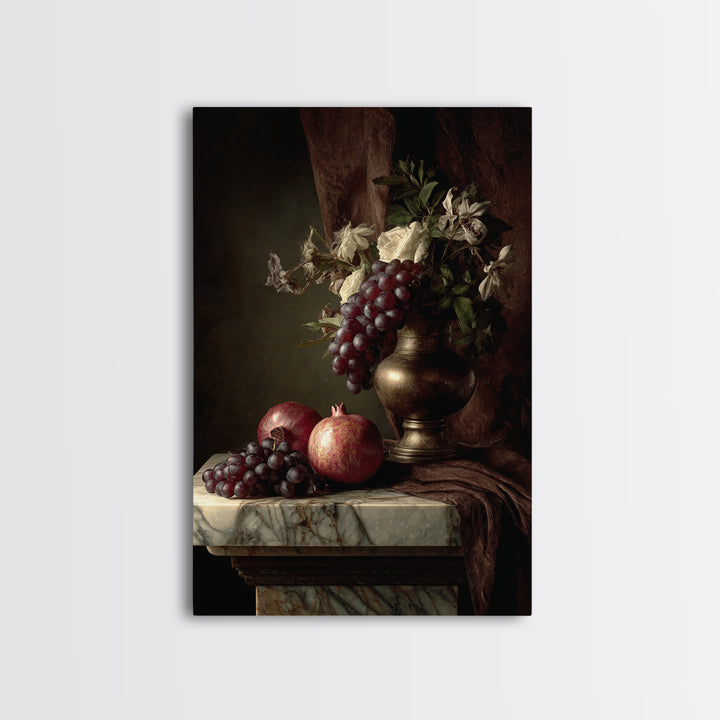 Pomegranate and Grapes on a Marble Ledge Canvas Print, Baroque Art, Moody Wall Art, Living Room Decor, Fine Art, Ornate, BAO-2x3-40