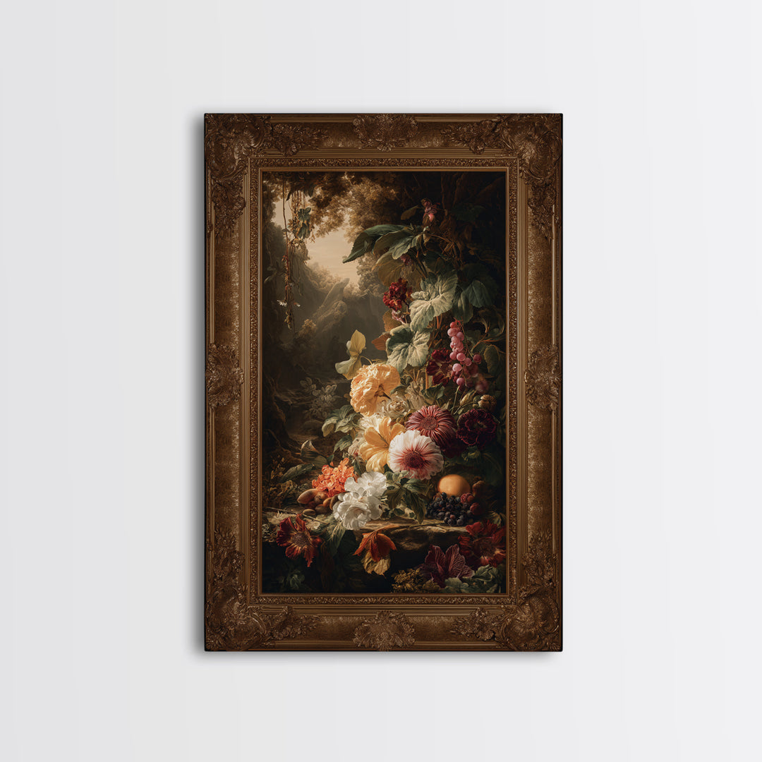 Ornate Gold Frame Illusion Around a Botanical Framed Canvas Print, Baroque Art, Modern Decor, Living Room Decor, Ornate, BAO-2x3-41