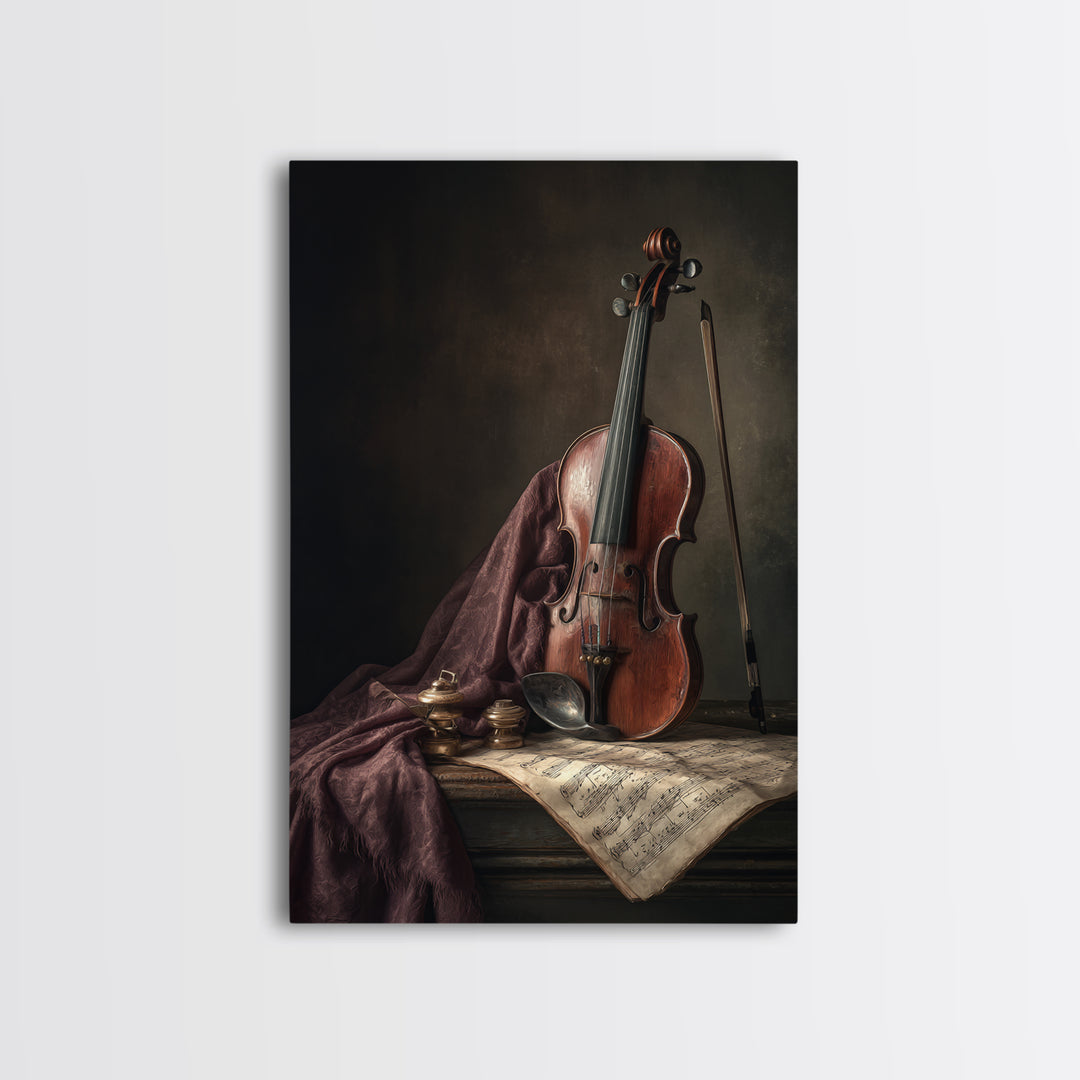Baroque Violin and Sheet Music Still Life Framed Canvas Print, Baroque Art, Dark Academia Art, Living Room Decor, Ornate, BAO-2x3-43