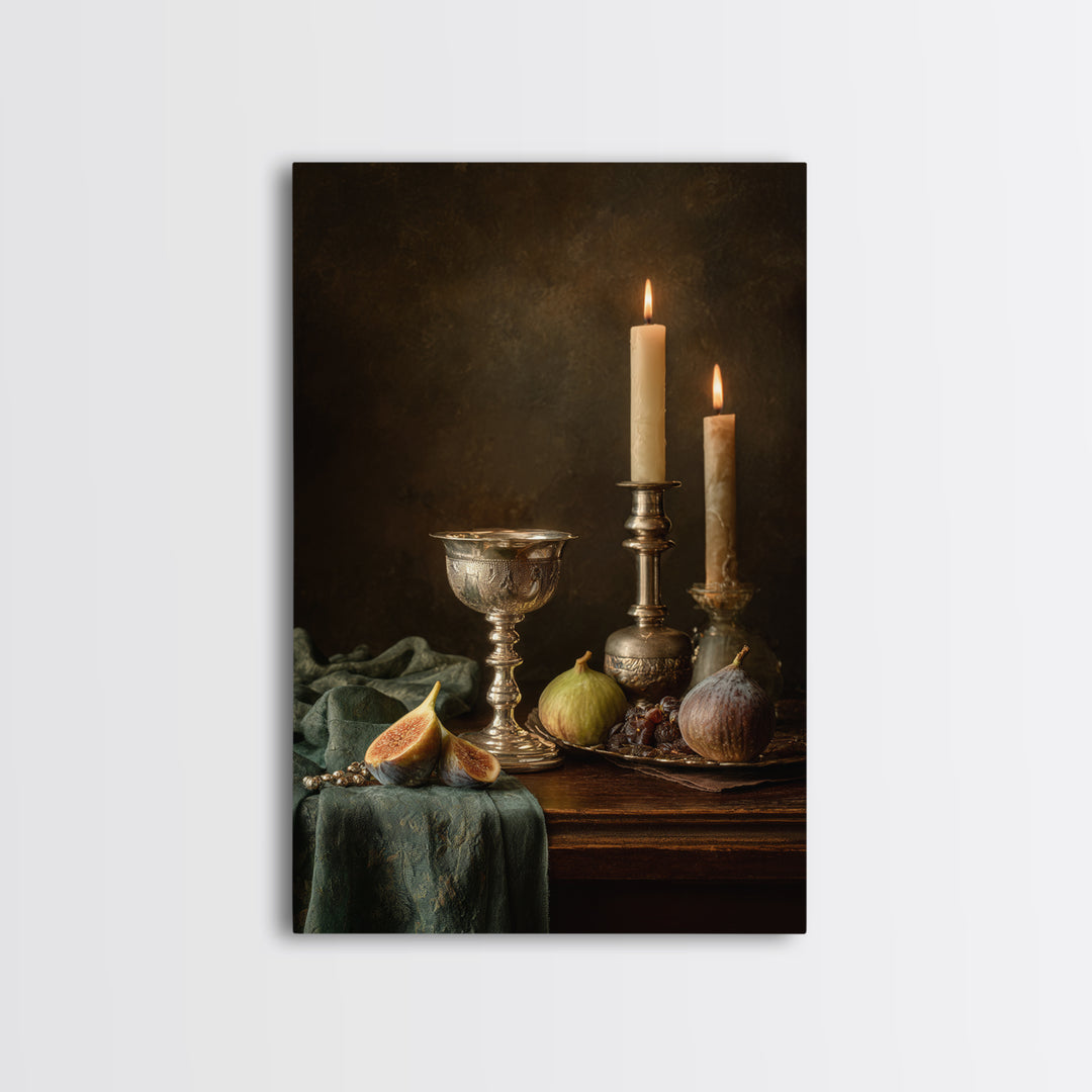 Candlelit Table with Silver Goblet and Figs Canvas Print, Baroque Art, Fine Art Print, Living Room Decor, Fine Art, Ornate, BAO-2x3-45