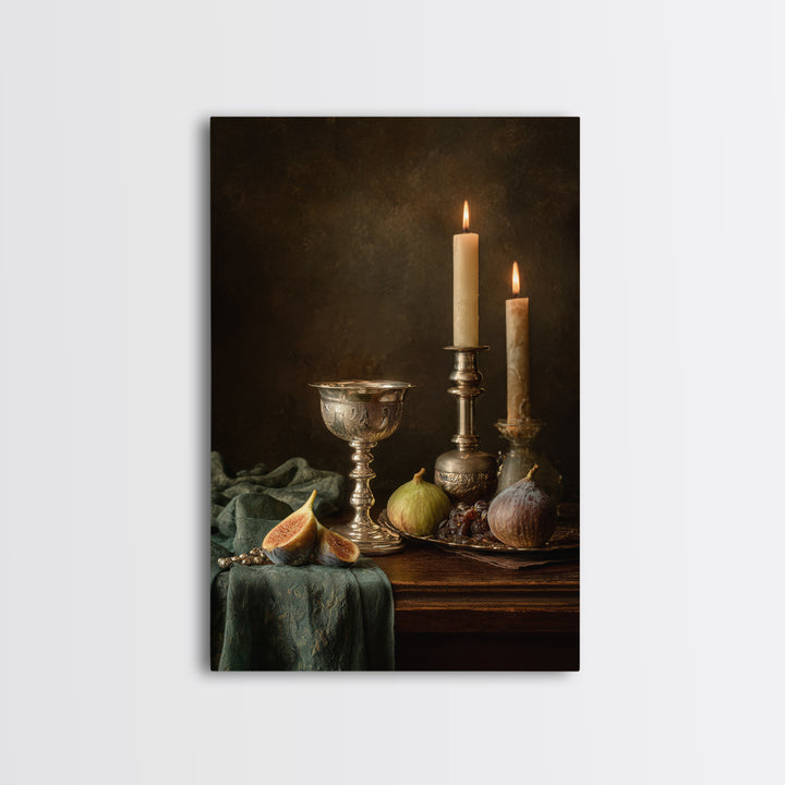 Candlelit Table with Silver Goblet and Figs Canvas Print, Baroque Art, Fine Art Print, Living Room Decor, Fine Art, Ornate, BAO-2x3-45