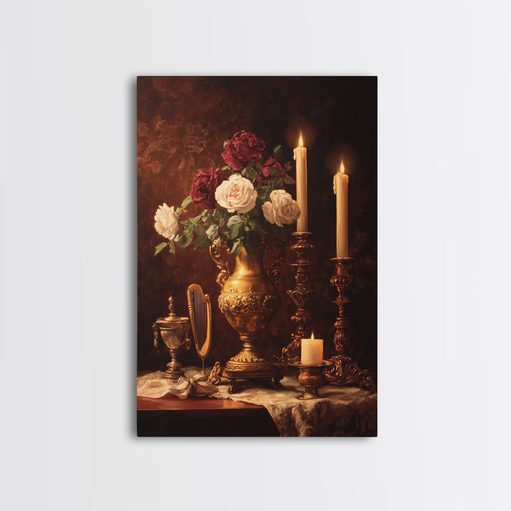 Golden Harp and Roses Canvas Print, Baroque Art, Gallery Decor, Living Room Decor, Fine Art, Ornate, Minimalist Decor, BAO-2x3-50