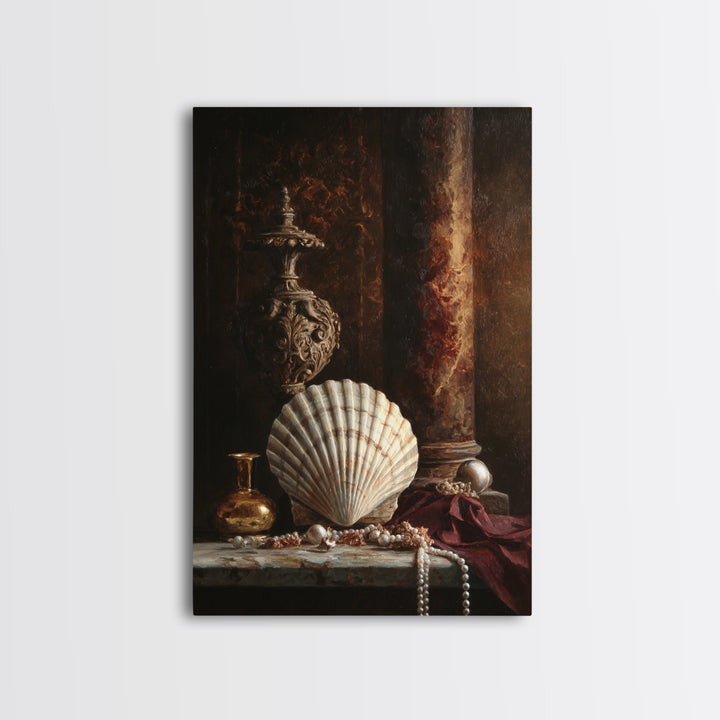Ornamental Shell and Pearl Composition Framed Canvas Print, Baroque Art, Feminist Art, Living Room Decor, Fine Art, Ornate, BAO-2x3-6