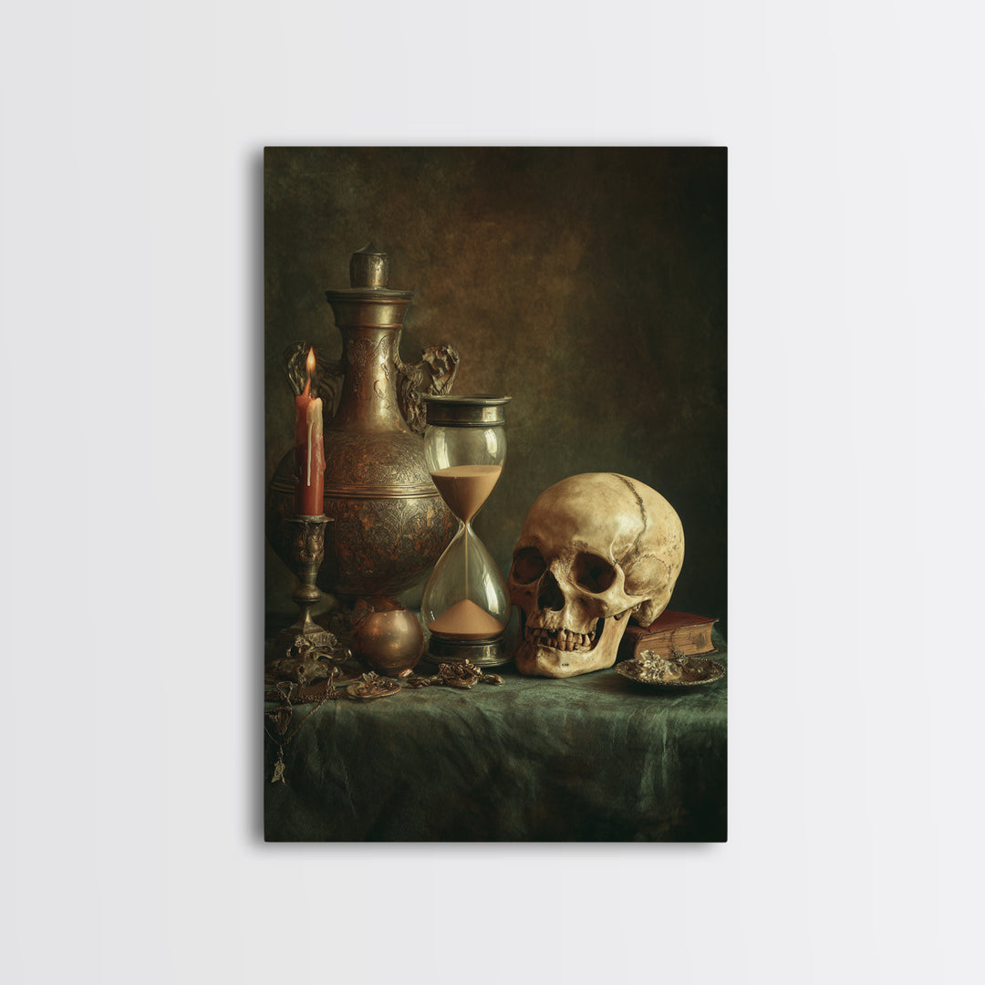 Skull and Hourglass Vanitas Still Life Canvas Print, Baroque Art, Luxury Decor, Living Room Decor, Ornate, Oil Painting, BAO-2x3-61