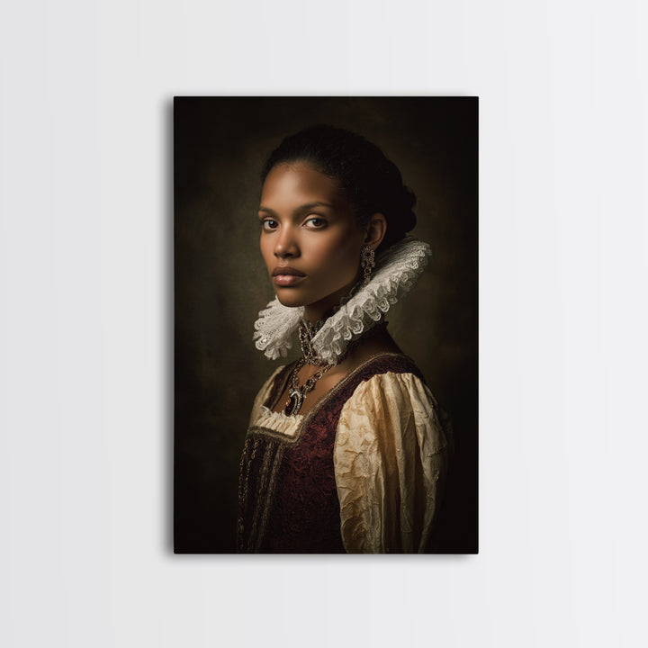Classical Portrait with Lace Collar and Jewel Framed Canvas Print, Baroque Art, Feminist Art, Living Room Decor, Ornate, BAO-2x3-63