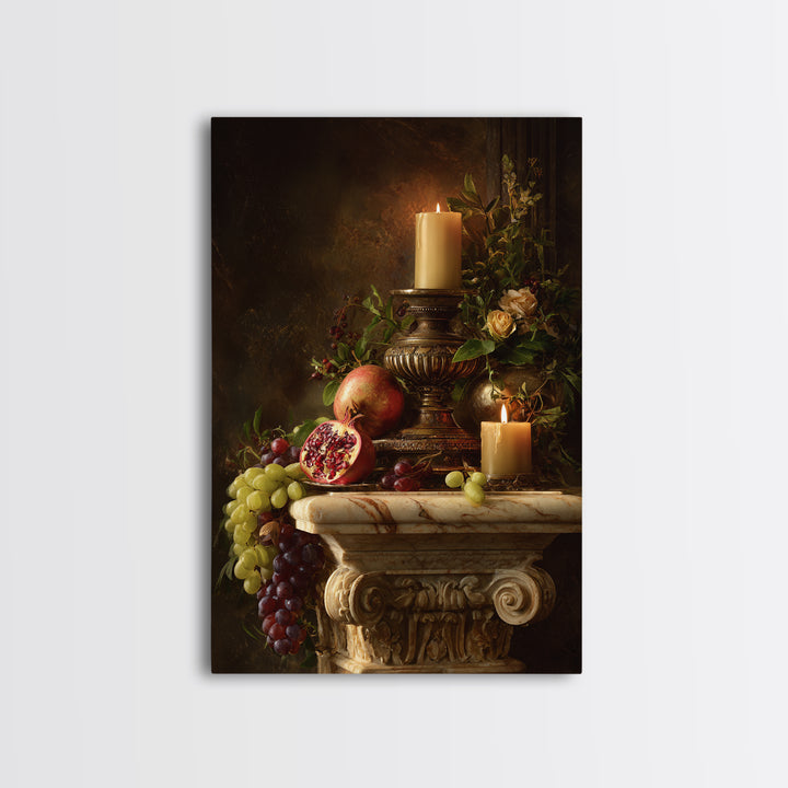 Pomegranate and Grapes on a Marble Ledge Framed Canvas Print, Baroque Art, Dark Academia Art, Living Room Decor, Ornate, BAO-2x3-64