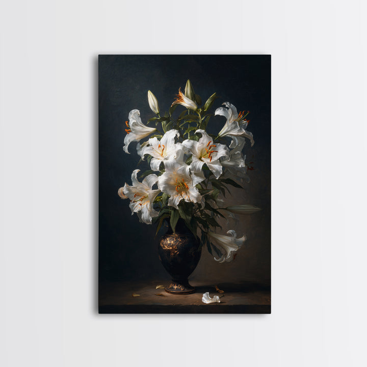 Dramatic White Lilies Framed Canvas Print, Baroque Art, Modern Decor, Living Room Decor, Fine Art, Ornate, Poster, Painting, BAO-2x3-68
