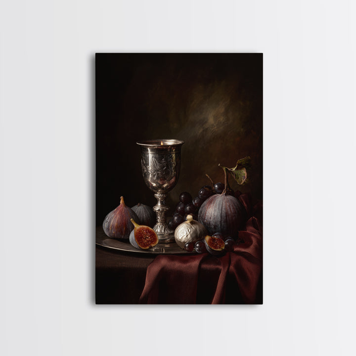 Candlelit Table with Silver Goblet and Figs Framed Canvas Print, Baroque Art, Room Decor, Living Room Decor, Fine Art, Ornate, BAO-2x3-69