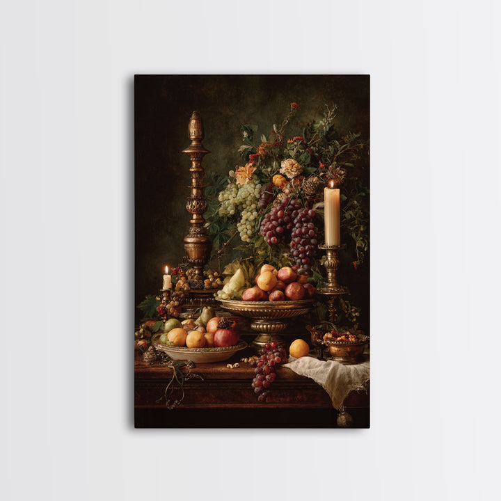 Lavish Banquet Fruit Composition Framed Canvas Print, Baroque Art, Textured Painting, Living Room Decor, Fine Art, Ornate, BAO-2x3-76