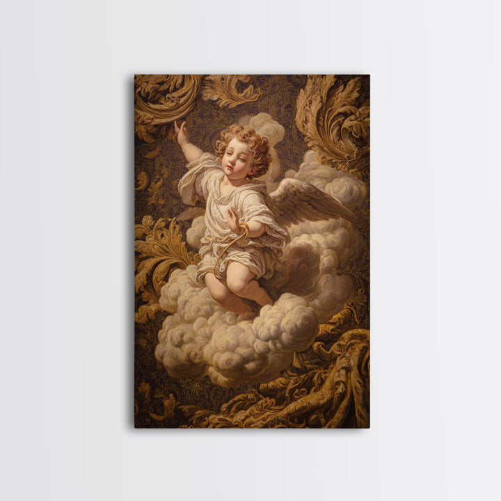 Ornate Cherub Figure Surrounded by Clouds and Canvas Print, Baroque Art, Luxury Decor, Living Room Decor, Fine Art, Ornate, BAO-2x3-82