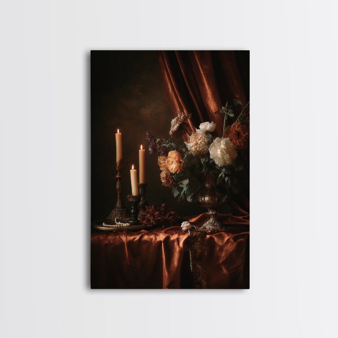 Velvet Drapery with Pearls Flowers and Candlelight Framed Canvas Print, Baroque Art, Boho Decor, Living Room Decor, Ornate, BAO-2x3-83