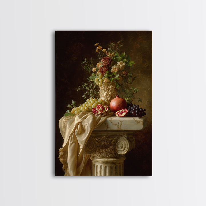 Pomegranate and Grapes on a Marble Ledge Framed Canvas Print, Baroque Art, Neutral Decor, Living Room Decor, Fine Art, Ornate, BAO-2x3-88