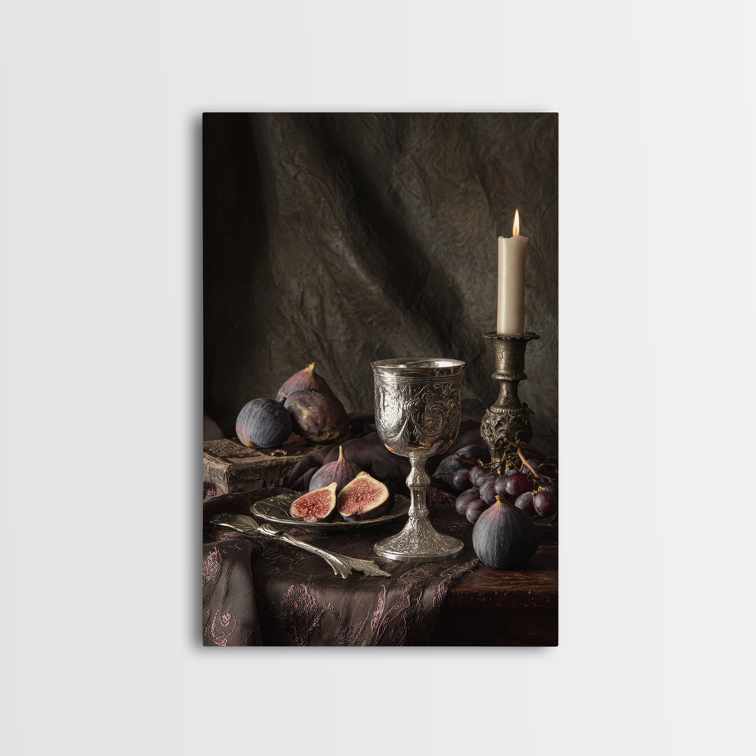 Candlelit Table with Silver Goblet and Figs Framed Canvas Print, Baroque Art, Room Decor, Living Room Decor, Fine Art, Ornate, BAO-2x3-93