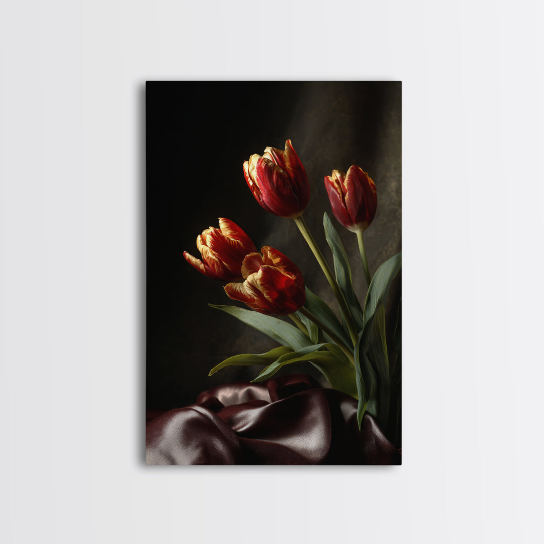 Black Background Tulips Canvas Print, Baroque Art, Fine Art Print, Living Room Decor, Fine Art, Ornate, Painting, BAO-2x3-96
