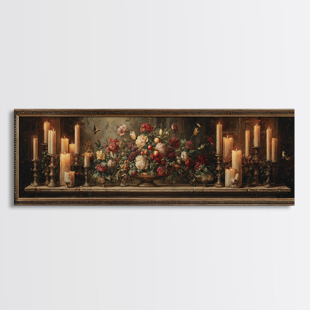 Ornate Gold Frame Illusion Around a Botanical Framed Canvas Print, Baroque Art, Wall Art, Living Room Decor, Fine Art, Ornate, BAO-3x1-1