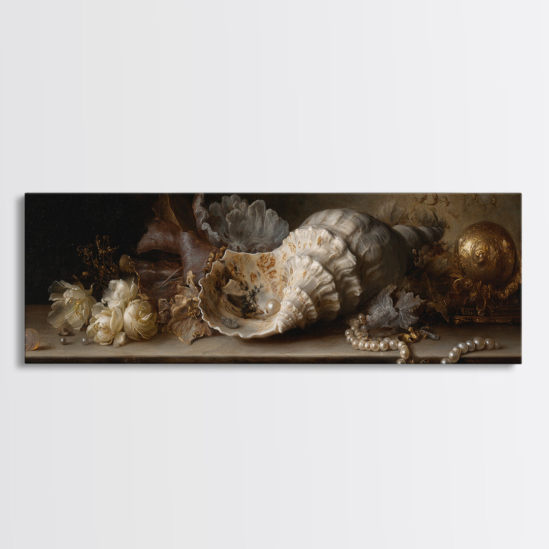 Ornamental Shell and Pearl Composition Canvas Print, Baroque Art, Gallery Wall, Living Room Decor, Ornate, Neutral Decor, BAO-3x1-14