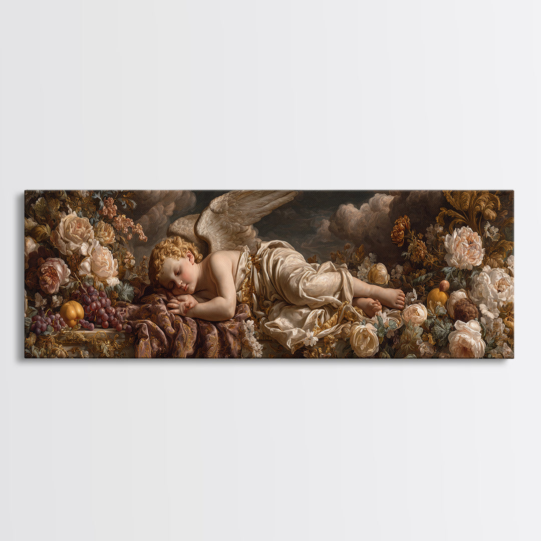 Ornate Cherub Figure Surrounded by Clouds and Framed Canvas Print, Baroque Art, Contemporary Art, Living Room Decor, Ornate, BAO-3x1-18