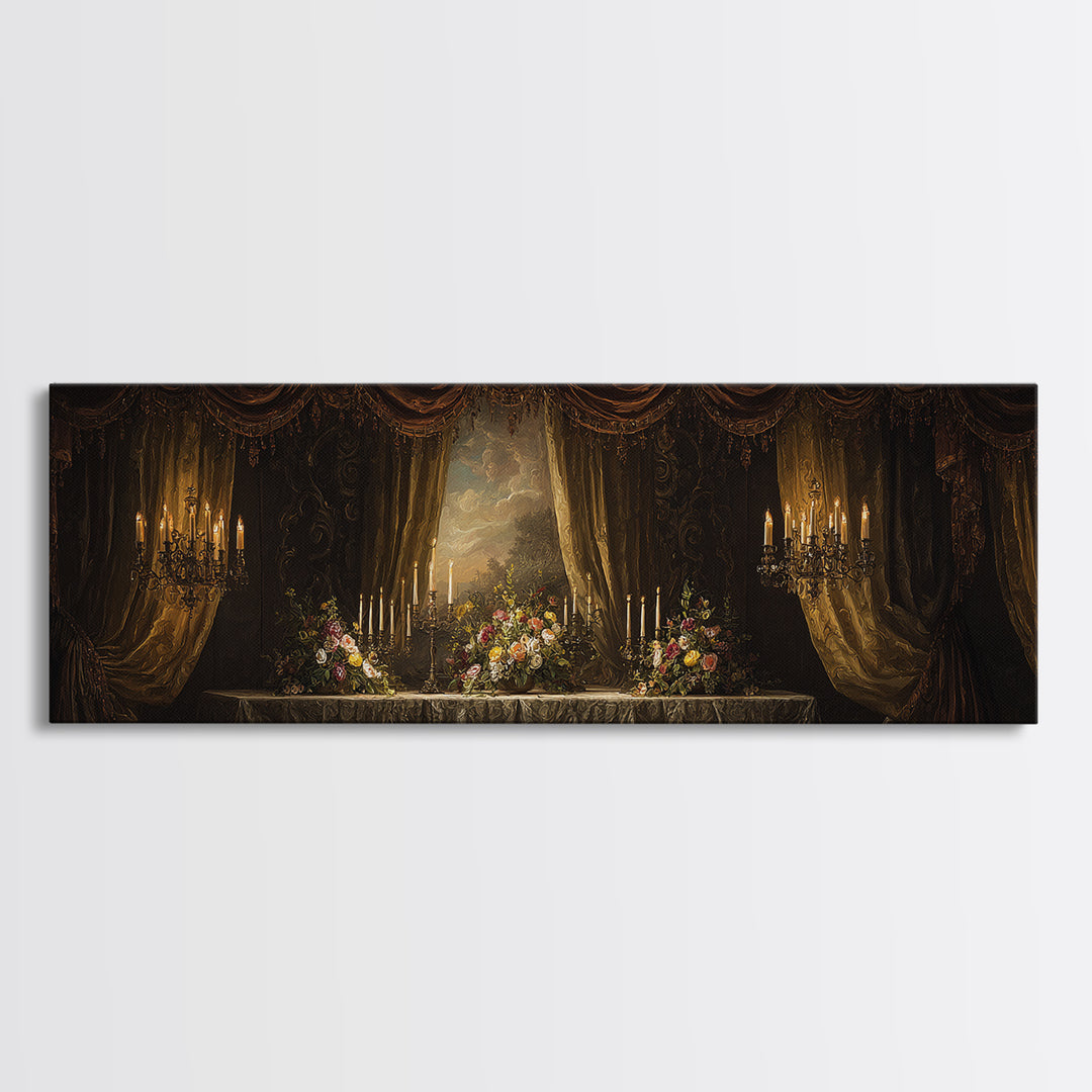 Velvet Drapery with Pearls Flowers and Candlelight Canvas Print, Baroque Art, Baroque, Living Room Decor, Watercolor Art, BAO-3x1-19