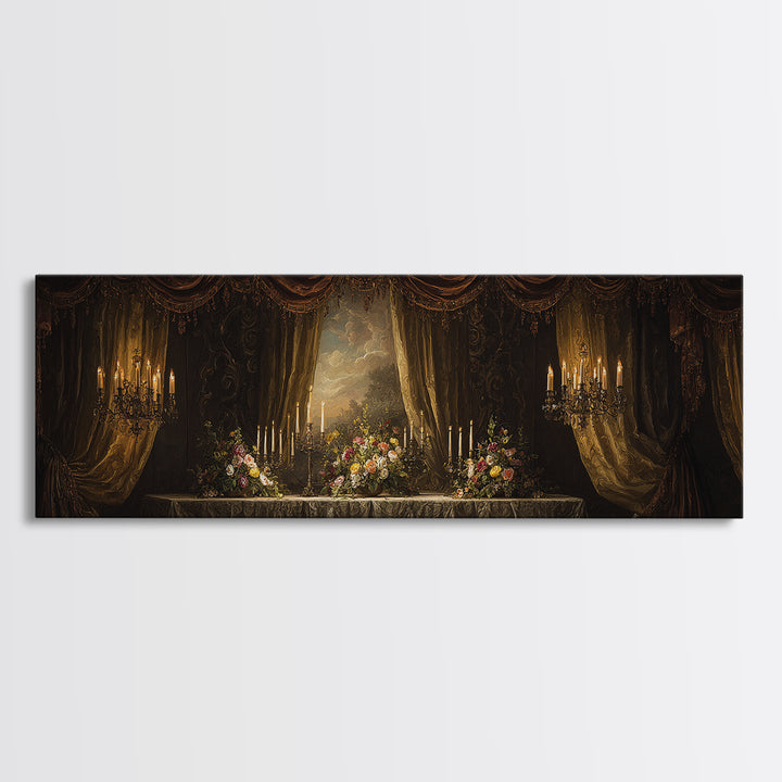 Velvet Drapery with Pearls Flowers and Candlelight Canvas Print, Baroque Art, Baroque, Living Room Decor, Watercolor Art, BAO-3x1-19