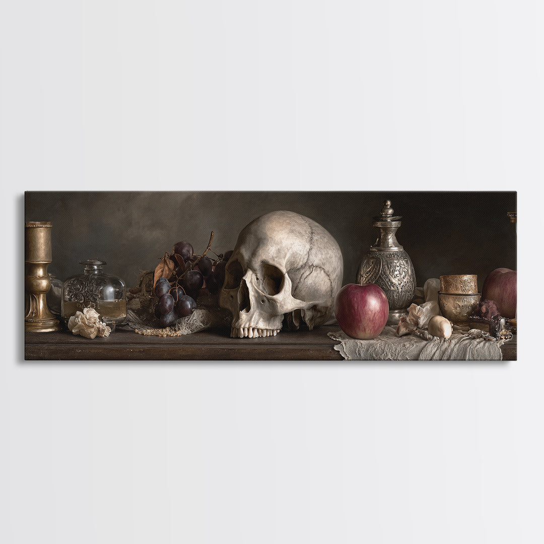 Skull and Hourglass Vanitas Still Life Canvas Print, Baroque Art, Printable Wall Art, Living Room Decor, Fine Art, Ornate, BAO-3x1-21