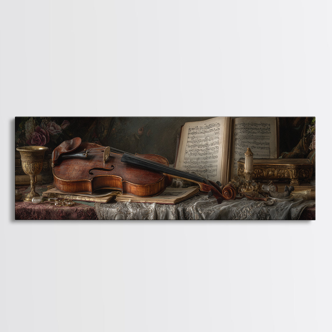 Baroque Violin and Sheet Music Still Life Framed Canvas Print, Baroque Art, Home Decor, Living Room Decor, Fine Art, Ornate, BAO-3x1-27