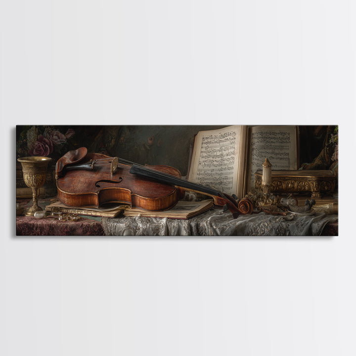 Baroque Violin and Sheet Music Still Life Framed Canvas Print, Baroque Art, Home Decor, Living Room Decor, Fine Art, Ornate, BAO-3x1-27