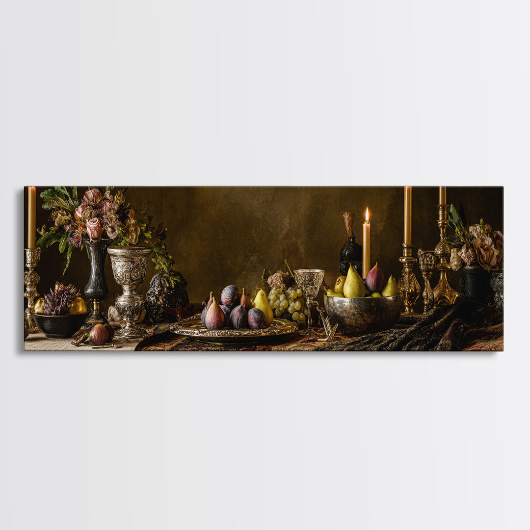 Candlelit Table with Silver Goblet and Figs Canvas Print, Baroque Art, Poster, Living Room Decor, Oil Painting, Ornate, BAO-3x1-29