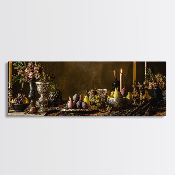 Candlelit Table with Silver Goblet and Figs Canvas Print, Baroque Art, Poster, Living Room Decor, Oil Painting, Ornate, BAO-3x1-29