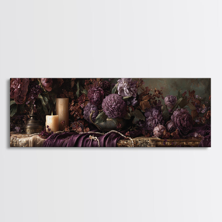 Velvet Drapery with Pearls Flowers and Candlelight Canvas Print, Baroque Art, Art Print, Living Room Decor, Fine Art, Ornate, BAO-3x1-43