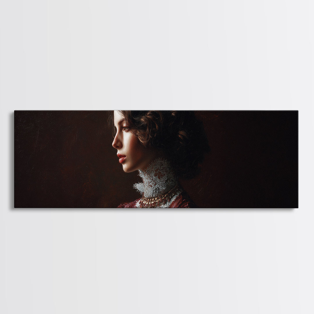 Classical Portrait with Lace Collar and Jewel Framed Canvas Print, Baroque Art, Room Decor, Living Room Decor, Fine Art, Ornate, BAO-3x1-47