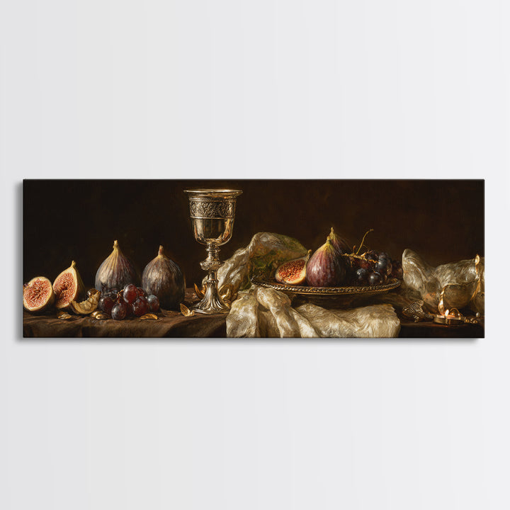 Candlelit Table with Silver Goblet and Figs Framed Canvas Print, Baroque Art, Oil Painting, Living Room Decor, Fine Art, Ornate, BAO-3x1-53