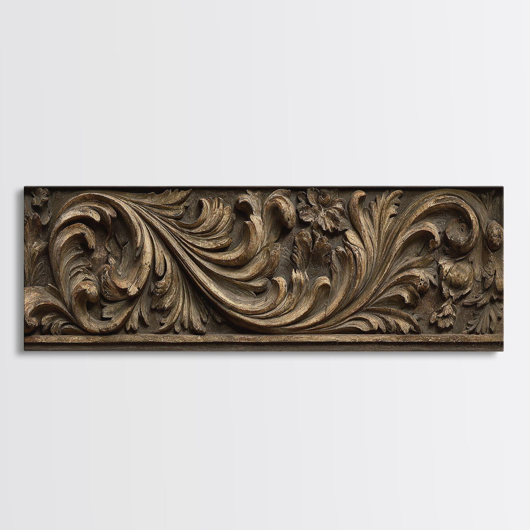 Carved Acanthus Leaf Ornament Study Framed Canvas Print, Baroque Art, Boho Decor, Living Room Decor, Oil Painting, Ornate, BAO-3x1-55