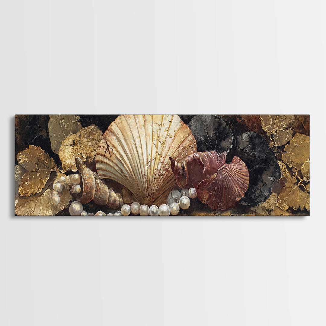 Ornamental Shell and Pearl Composition Canvas Print, Baroque Art, Gallery Wall, Living Room Decor, Oil Painting, Ornate, BAO-3x1-62