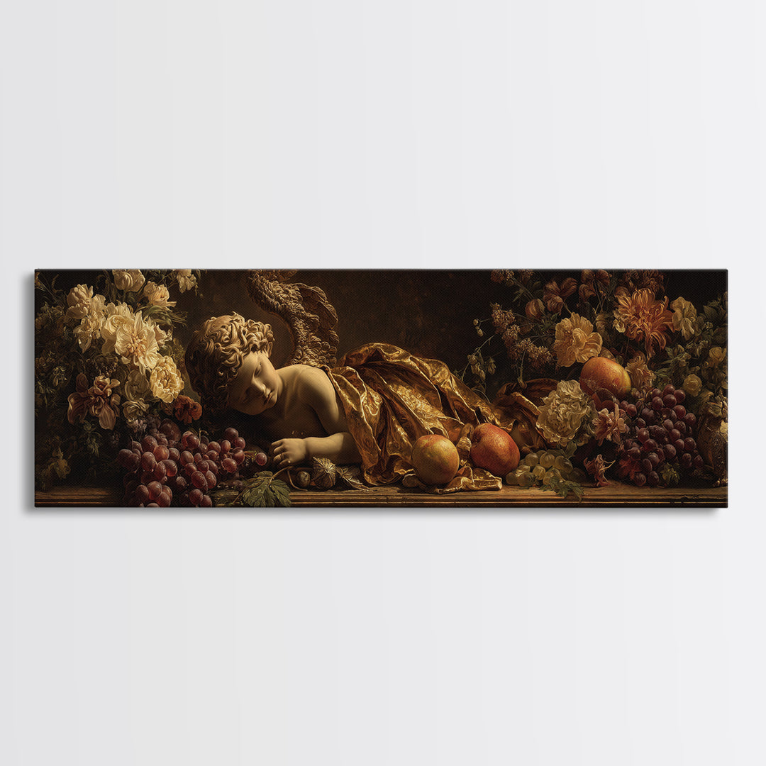 Ornate Cherub Figure Surrounded by Clouds and Canvas Print, Baroque Art, Living Room Decor, Oil Painting, Ornate, BAO-3x1-66